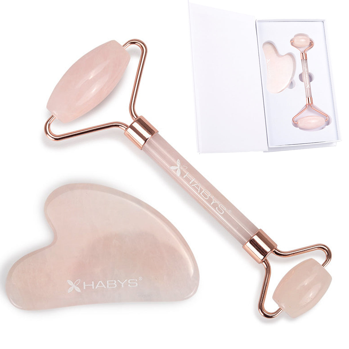 Set de masaj Gua Sha | Rolă din piatră cuarț roz