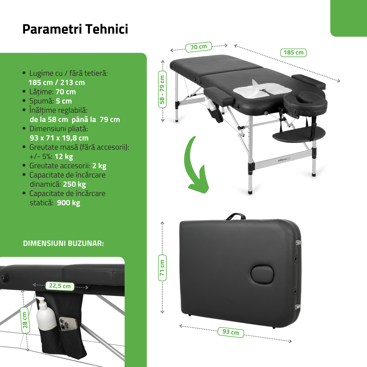 Masă de masaj pliabilă Nadia | Pat cosmetică | Negru | 70 cm
