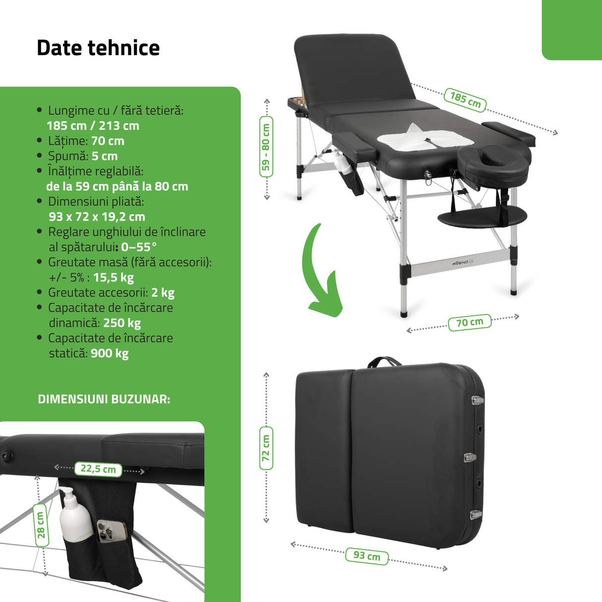 Masă de masaj pliabilă Adele | Pat cosmetică Negru