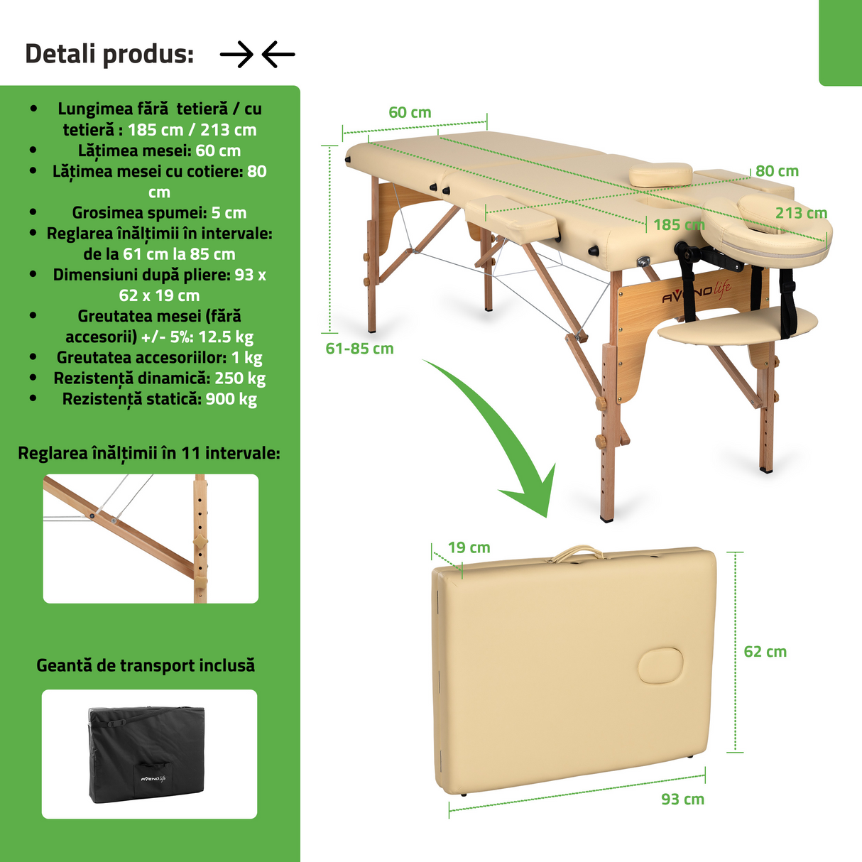 Masă de masaj pliabilă, portabilă, Sofia Light | 3 ani garanție!