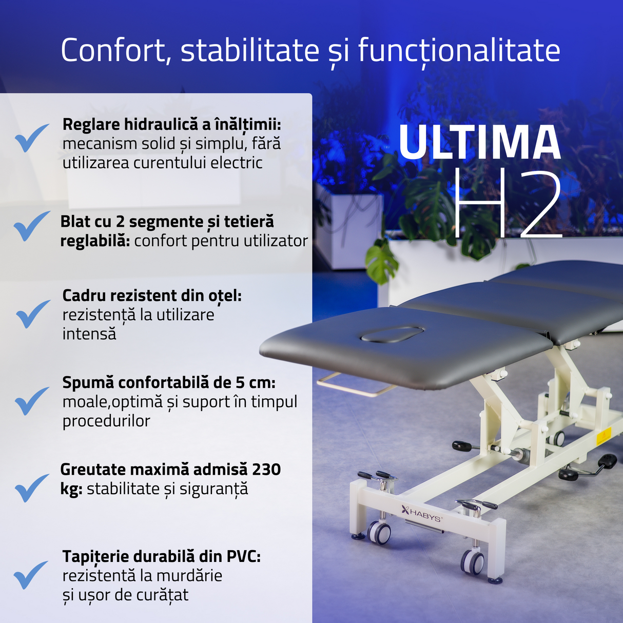 Masă de masaj hidraulică Ultima H2 | Reglare hidraulică a înălțimii