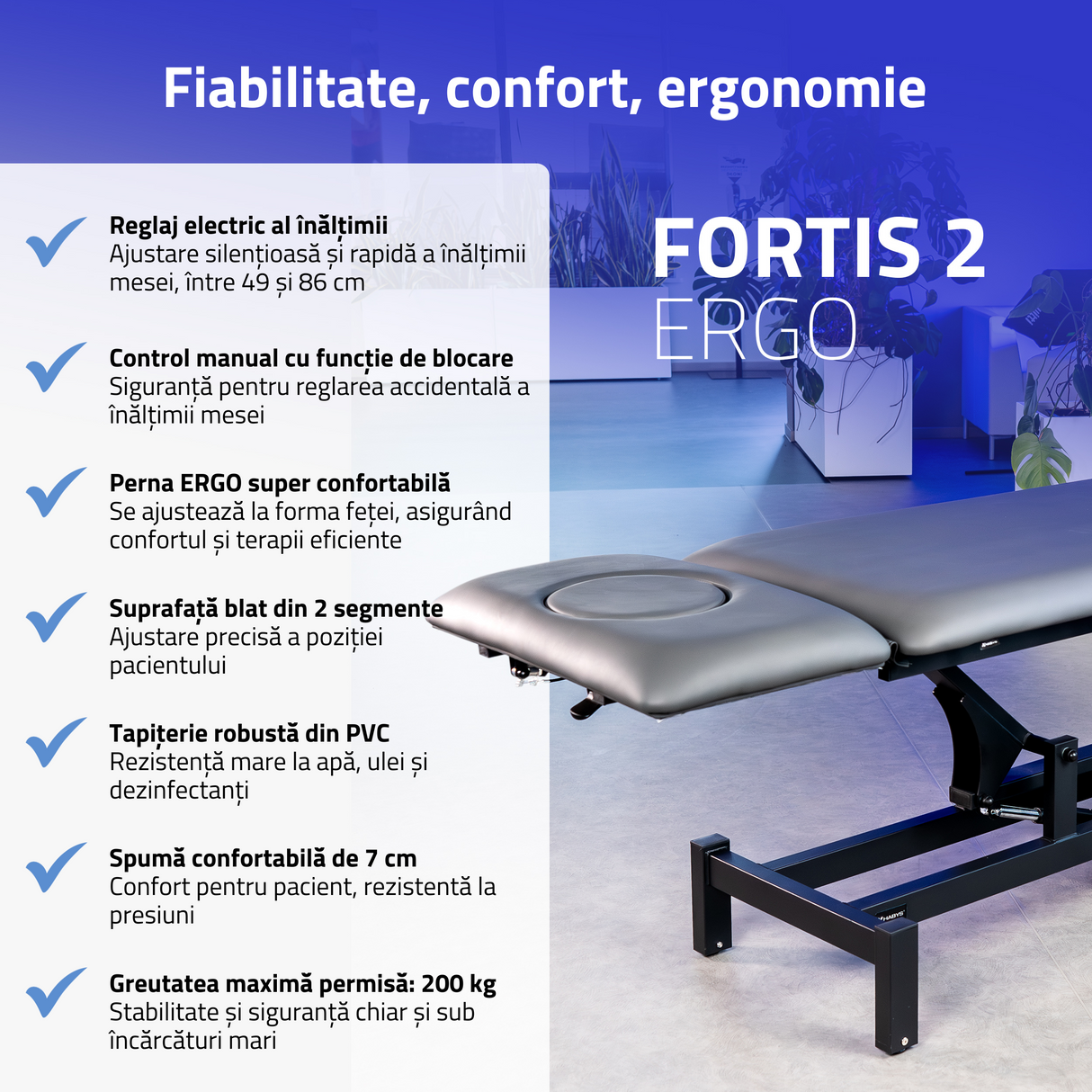 Masă de masaj electrică Fortis 2 Ergo | 2 segmente | Telecomandă manuală | Garanție 3 ani