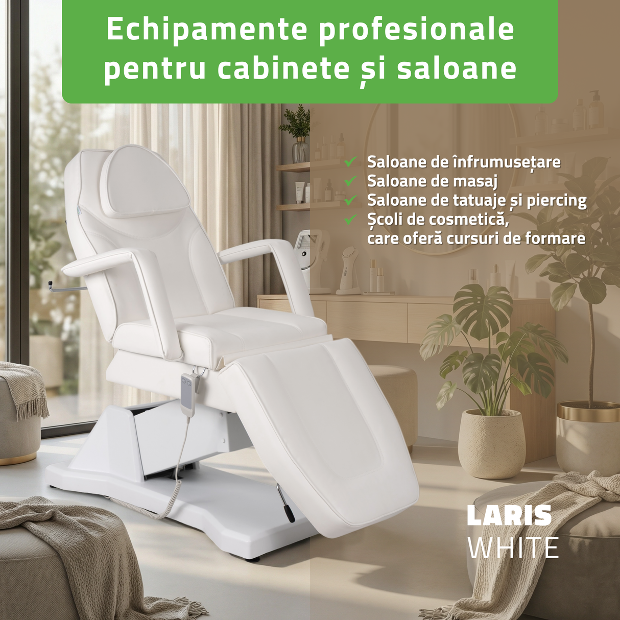 Fotoliu cosmetic electric | LARIS | Scaun cosmetic cu reglare a înălțimi electrică | 1 motor | Telecomandă Manuală | 3 ani garanție!