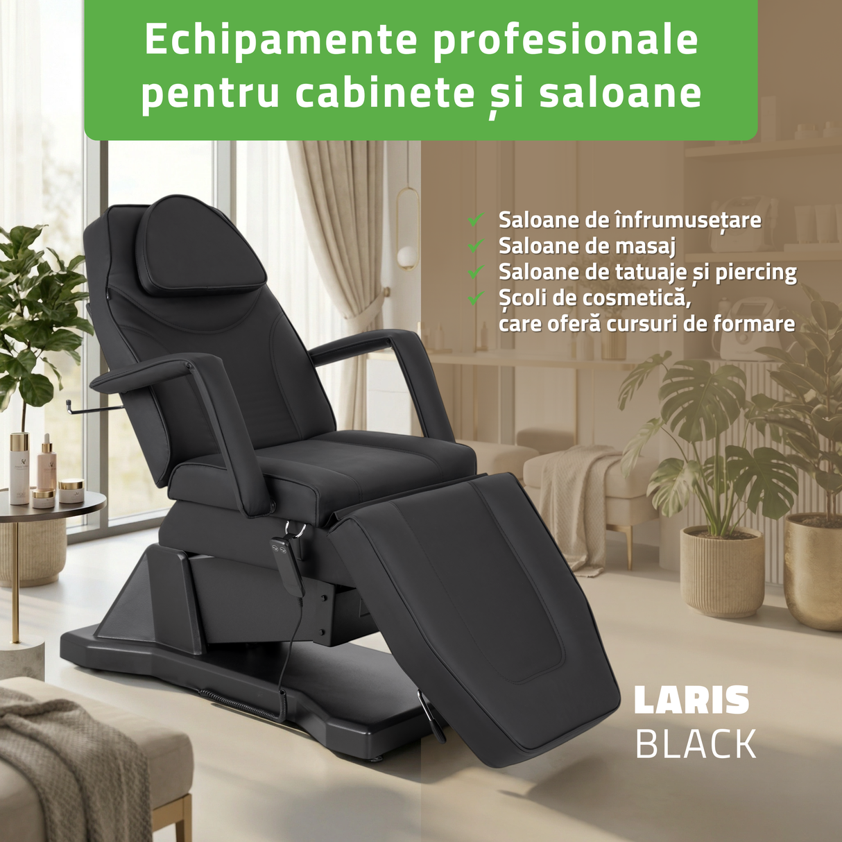 Fotoliu cosmetic electric | LARIS | Scaun cosmetic cu reglare a înălțimi electrică | 1 motor | Telecomandă Manuală | 3 ani garanție!