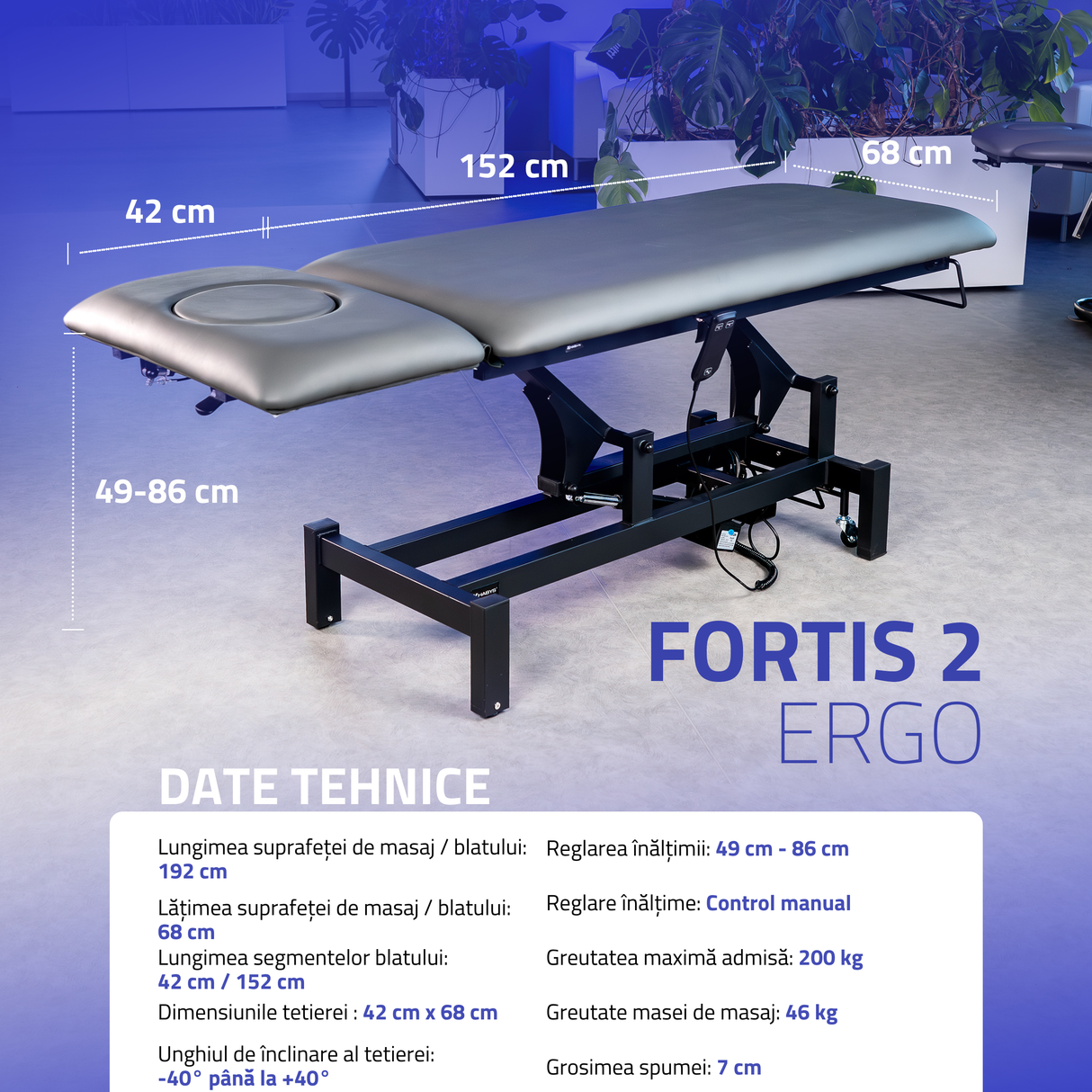 Masă de masaj electrică Fortis 2 Ergo | 2 segmente | Telecomandă manuală | Garanție 3 ani