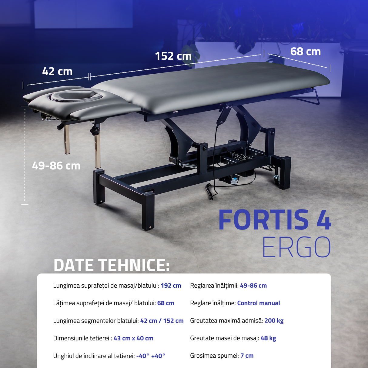 Masă de masaj electrică Fortis 4 Ergo | Pat de masaj electric | 4 segmente | Telecomandă Manuală | 3 ani garanție!