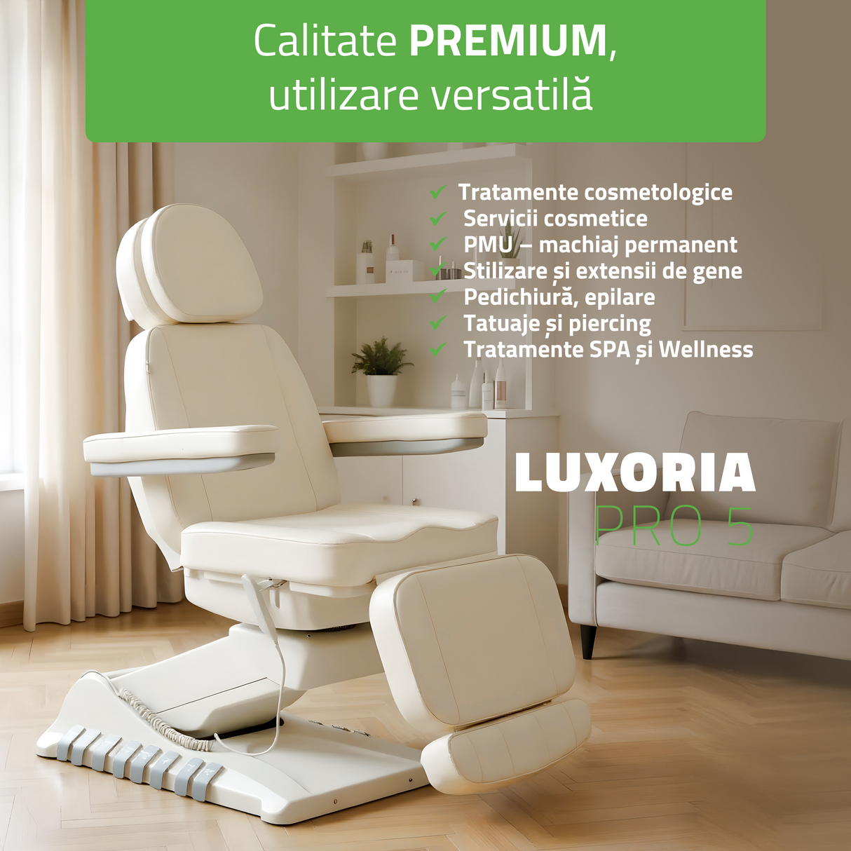 Pat cosmetic electric | Luxoria PRO 5 | Scaun cosmetic cu reglare electrică | Panou Control | Telecomandă Manuală