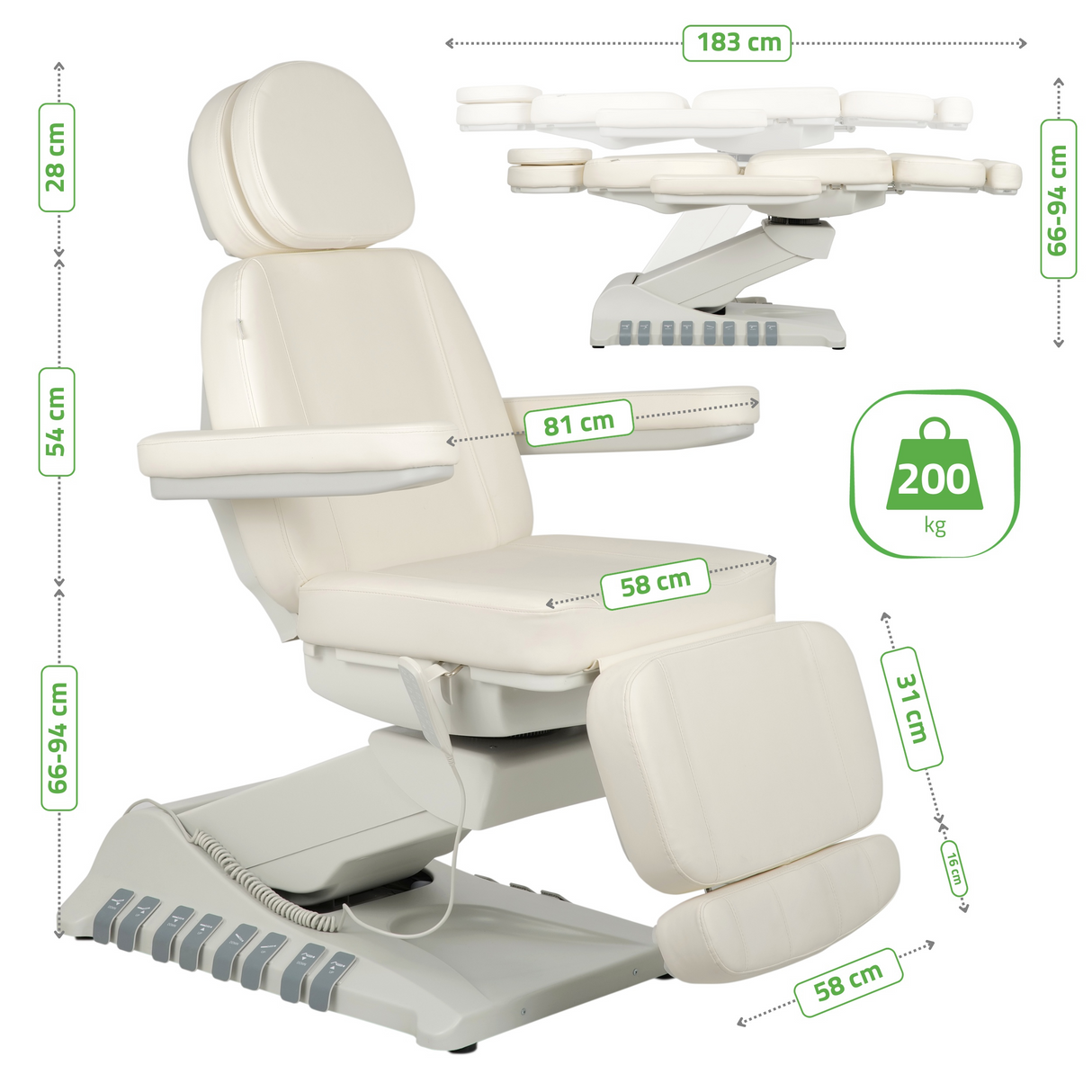 Pat cosmetic electric | Luxoria PRO 5 | Scaun cosmetic cu reglare electrică | Panou Control | Telecomandă Manuală