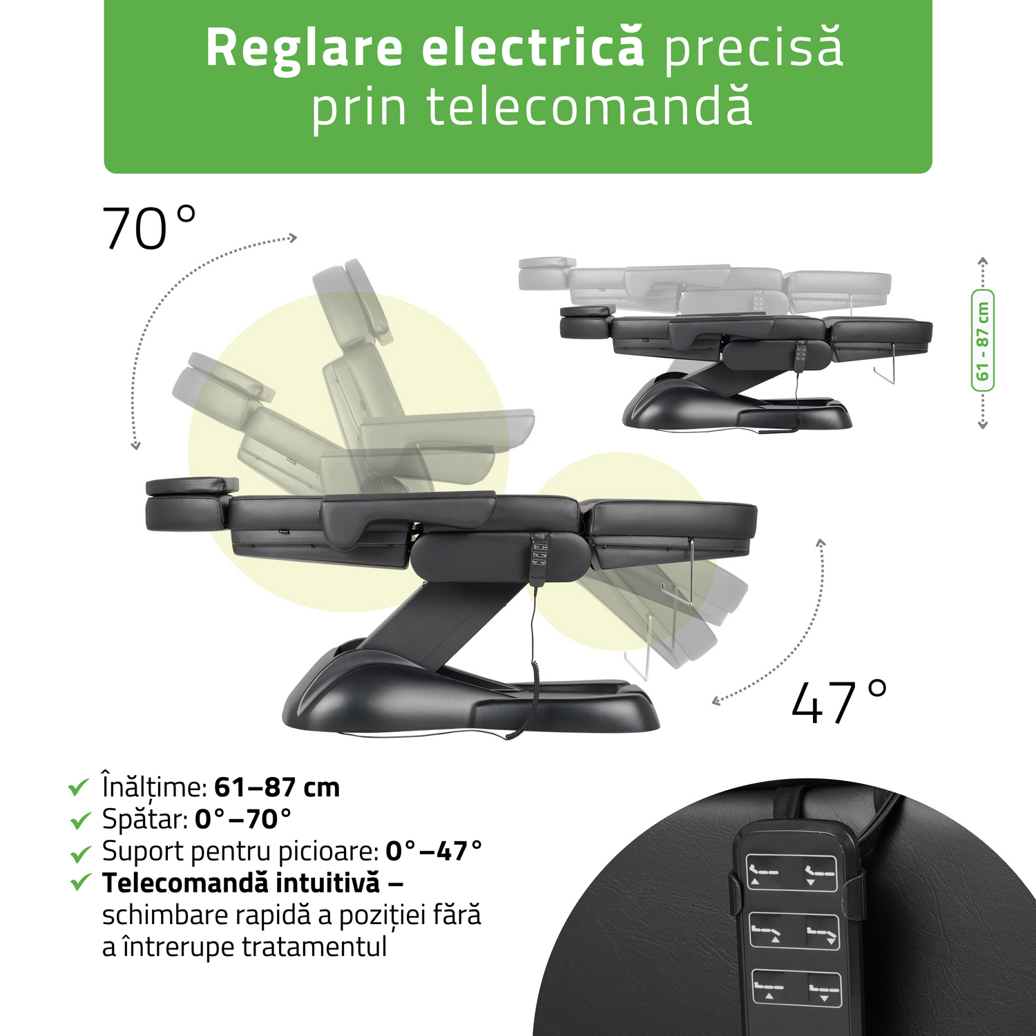 Fotoliu cosmetic electric | LEO PRO 4| Scaun cosmetic cu reglare electrică | Telecomandă Manuală