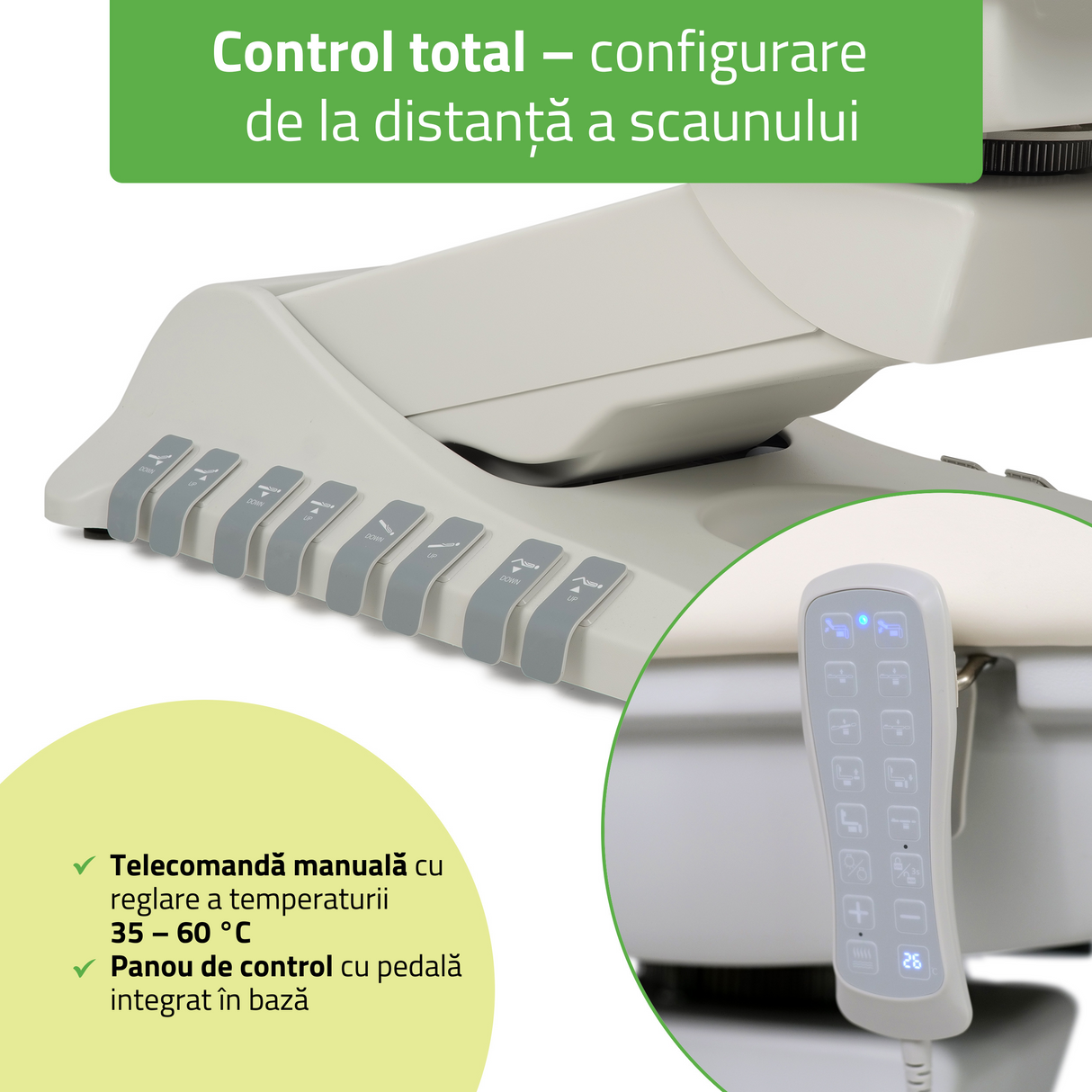 Pat cosmetic electric | Luxoria PRO 5 | Scaun cosmetic cu reglare electrică | Panou Control | Telecomandă Manuală