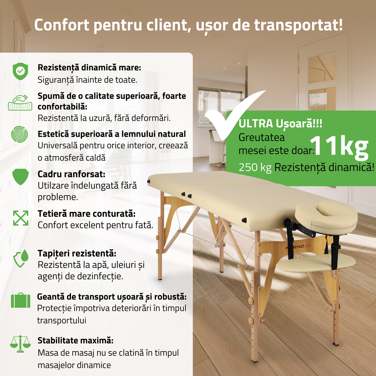 Set | Masă de masaj Sonia 60 cm – bej | +Ice Roller pentru corp – Violet