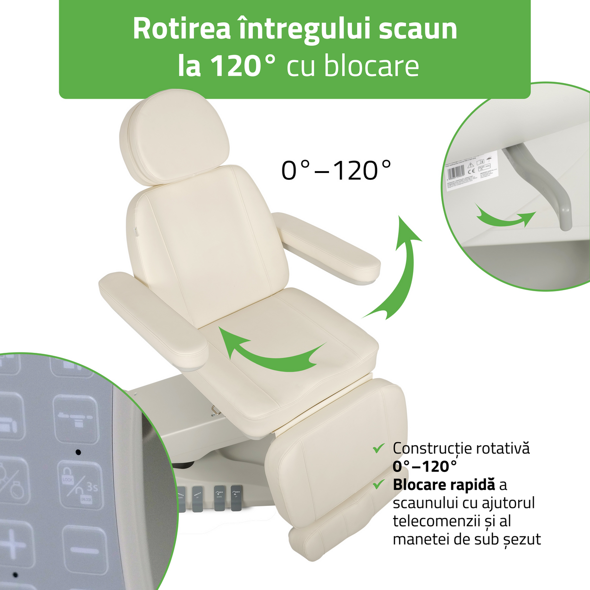 Pat cosmetic electric | Luxoria PRO 5 | Scaun cosmetic cu reglare electrică | Panou Control | Telecomandă Manuală