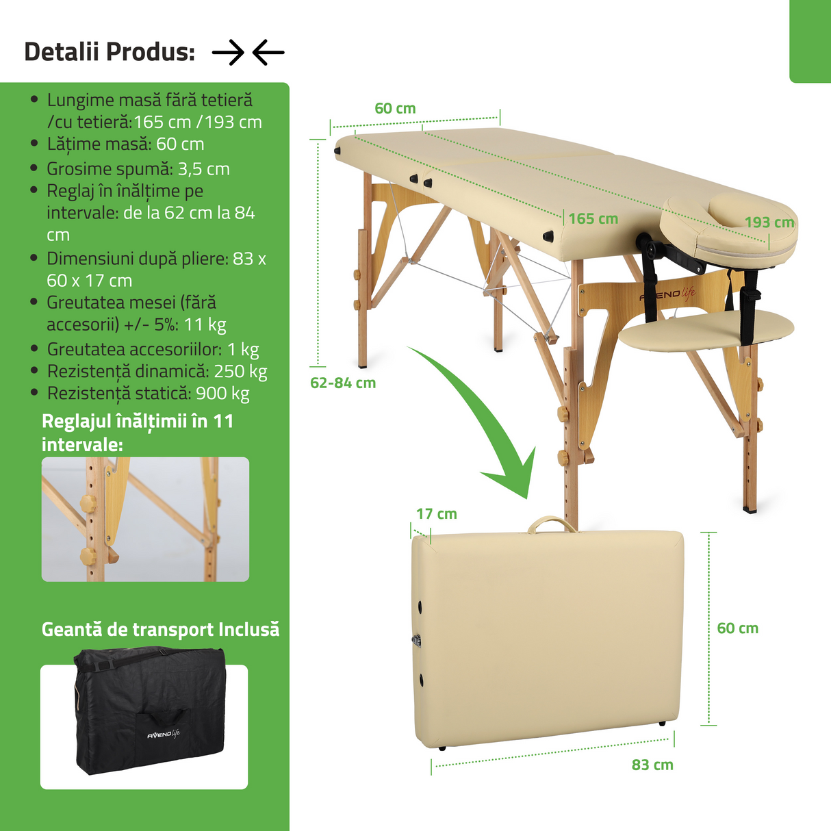 Set | Masă de masaj Sonia 60 cm – bej | +Ice Roller pentru corp – Violet