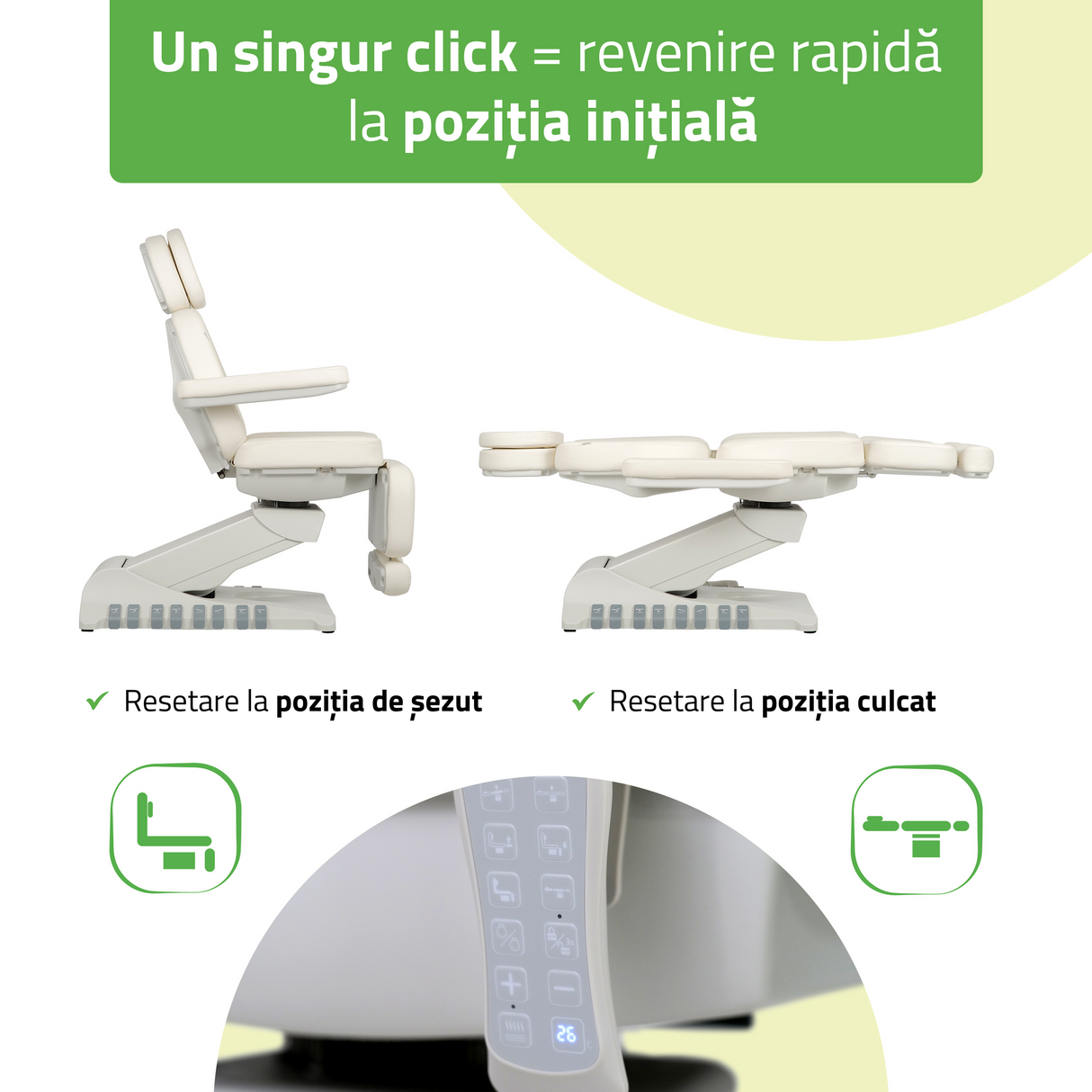 Pat cosmetic electric | Luxoria PRO 5 | Scaun cosmetic cu reglare electrică | Panou Control | Telecomandă Manuală