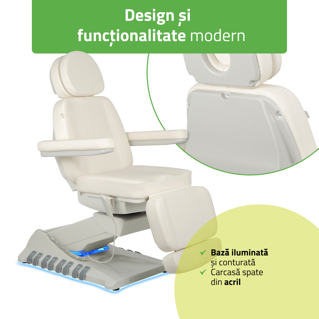 Pat cosmetic electric | Luxoria PRO 5 | Scaun cosmetic cu reglare electrică | Panou Control | Telecomandă Manuală