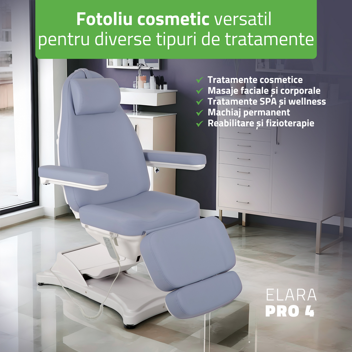 Fotoliu cosmetic, electric Elara PRO 4, violet | Telecomandă manuală | 3 ani garanție!