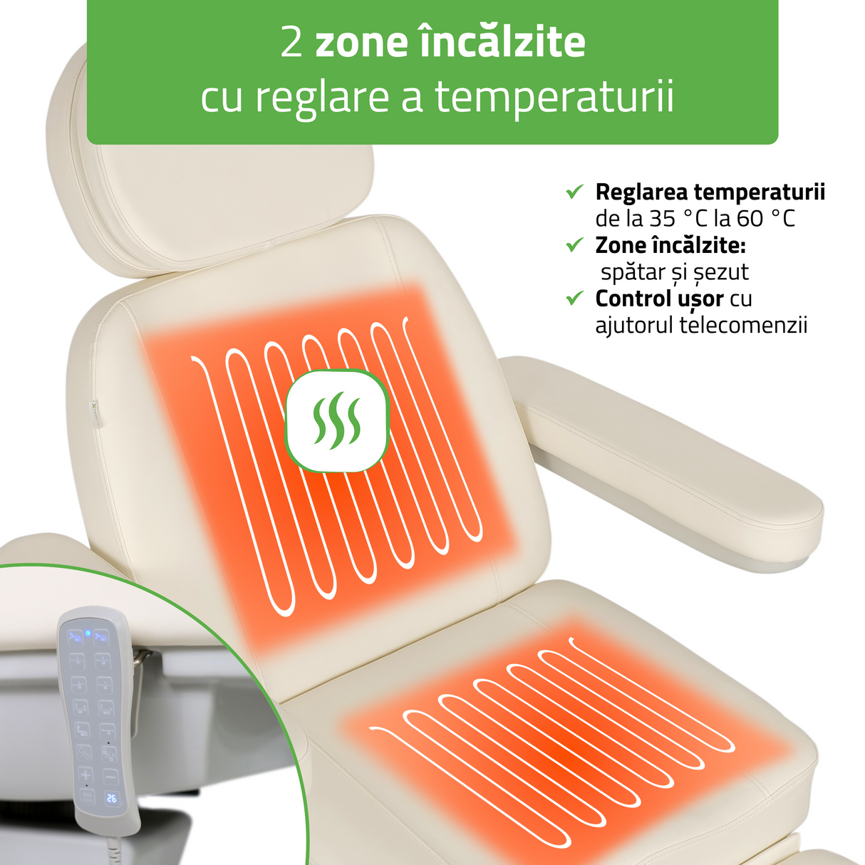 Pat cosmetic electric | Luxoria PRO 5 | Scaun cosmetic cu reglare electrică | Panou Control | Telecomandă Manuală