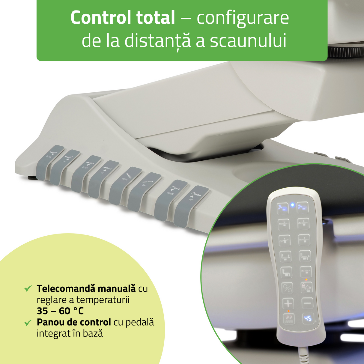 Pat cosmetic electric | Luxoria PRO 5 | Scaun cosmetic cu reglare electrică | Panou Control | Telecomandă Manuală