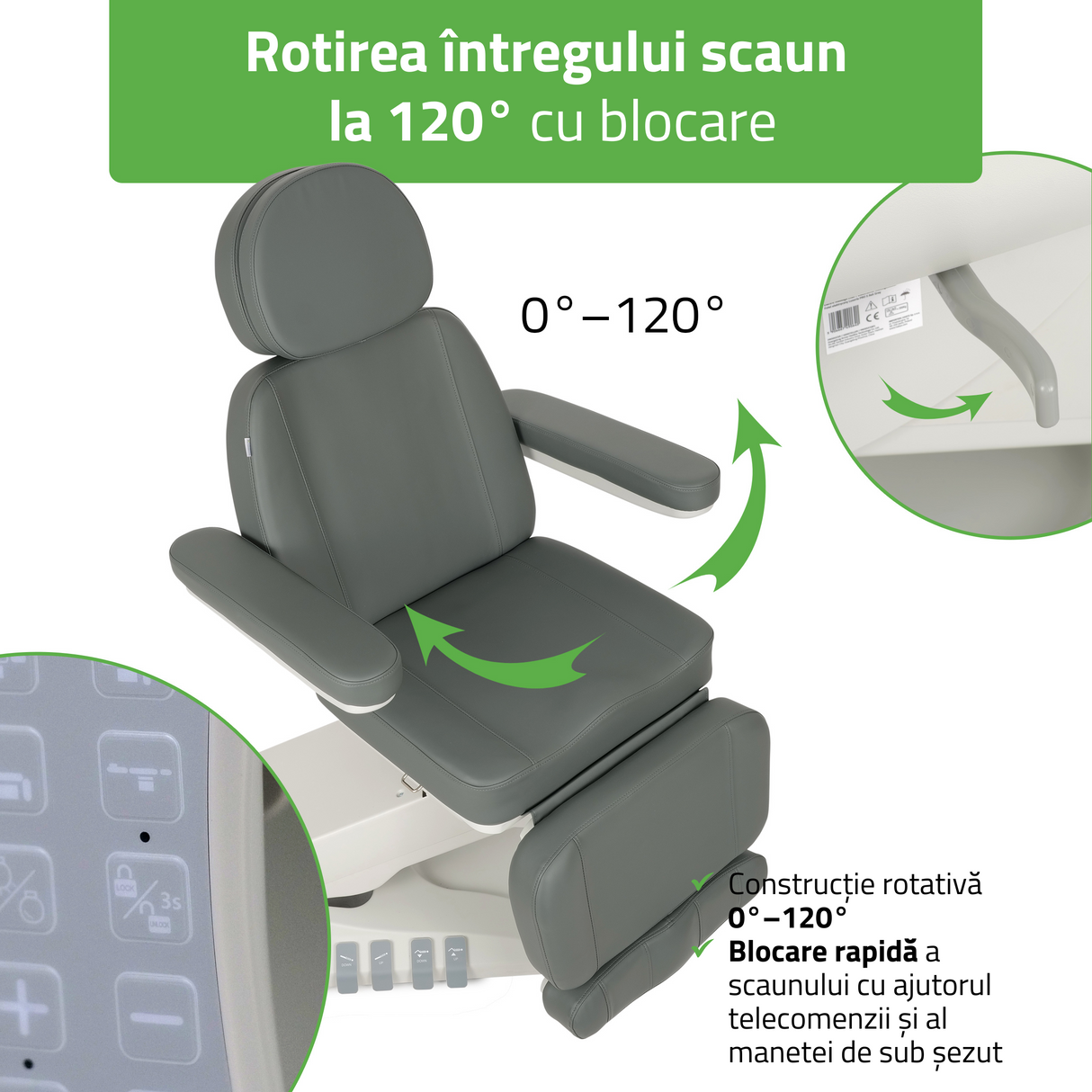 Pat cosmetic electric | Luxoria PRO 5 | Scaun cosmetic cu reglare electrică | Panou Control | Telecomandă Manuală