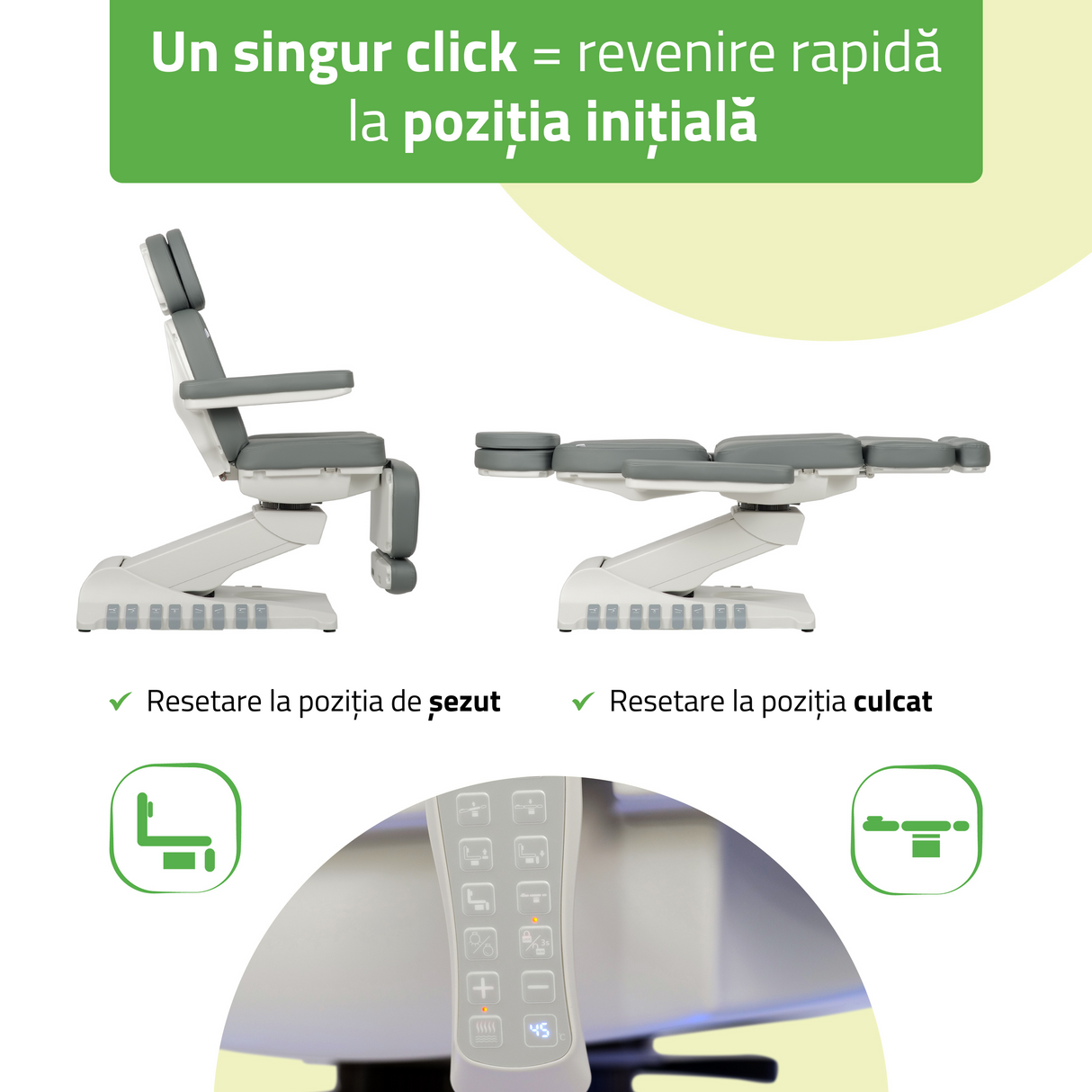 Pat cosmetic electric | Luxoria PRO 5 | Scaun cosmetic cu reglare electrică | Panou Control | Telecomandă Manuală