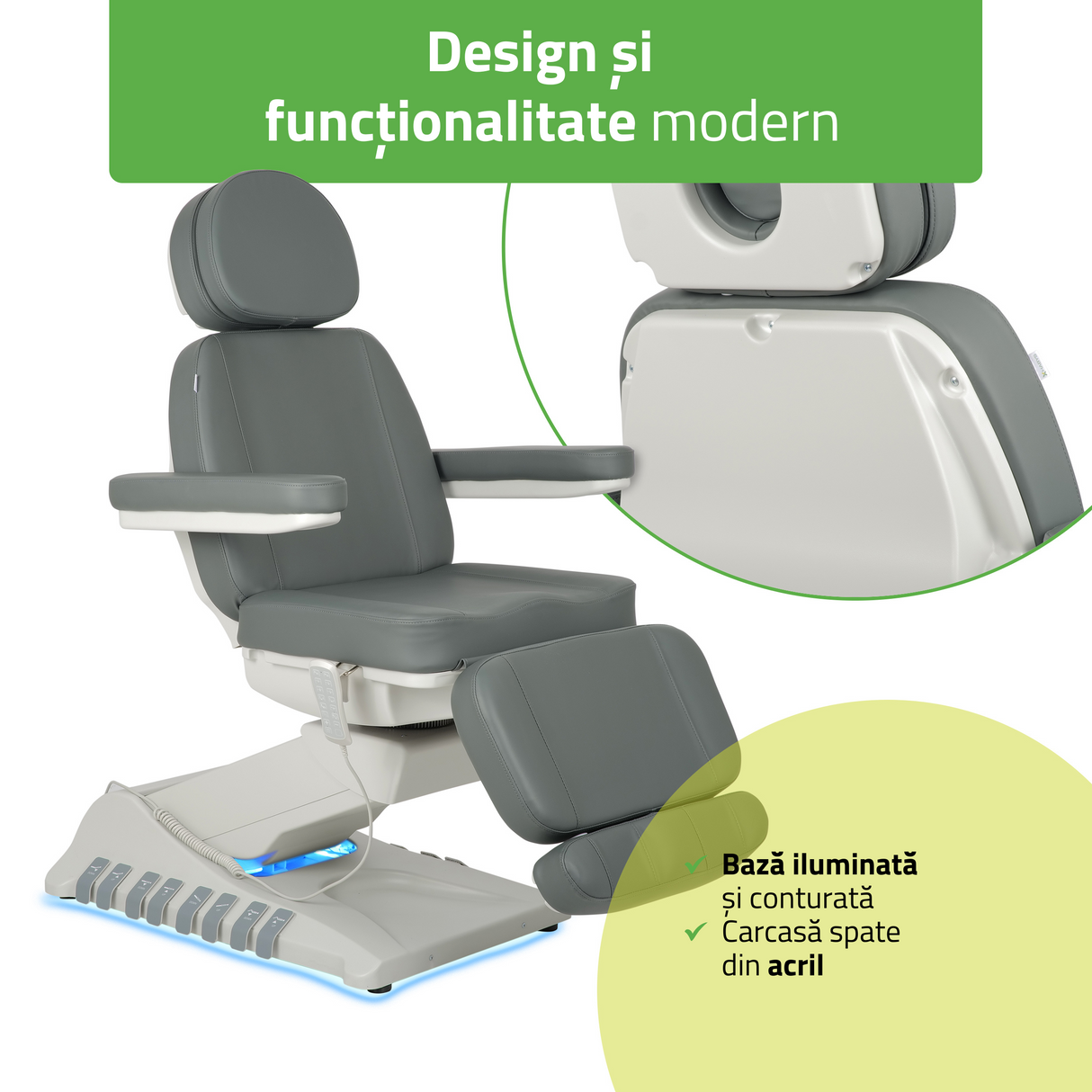 Pat cosmetic electric | Luxoria PRO 5 | Scaun cosmetic cu reglare electrică | Panou Control | Telecomandă Manuală