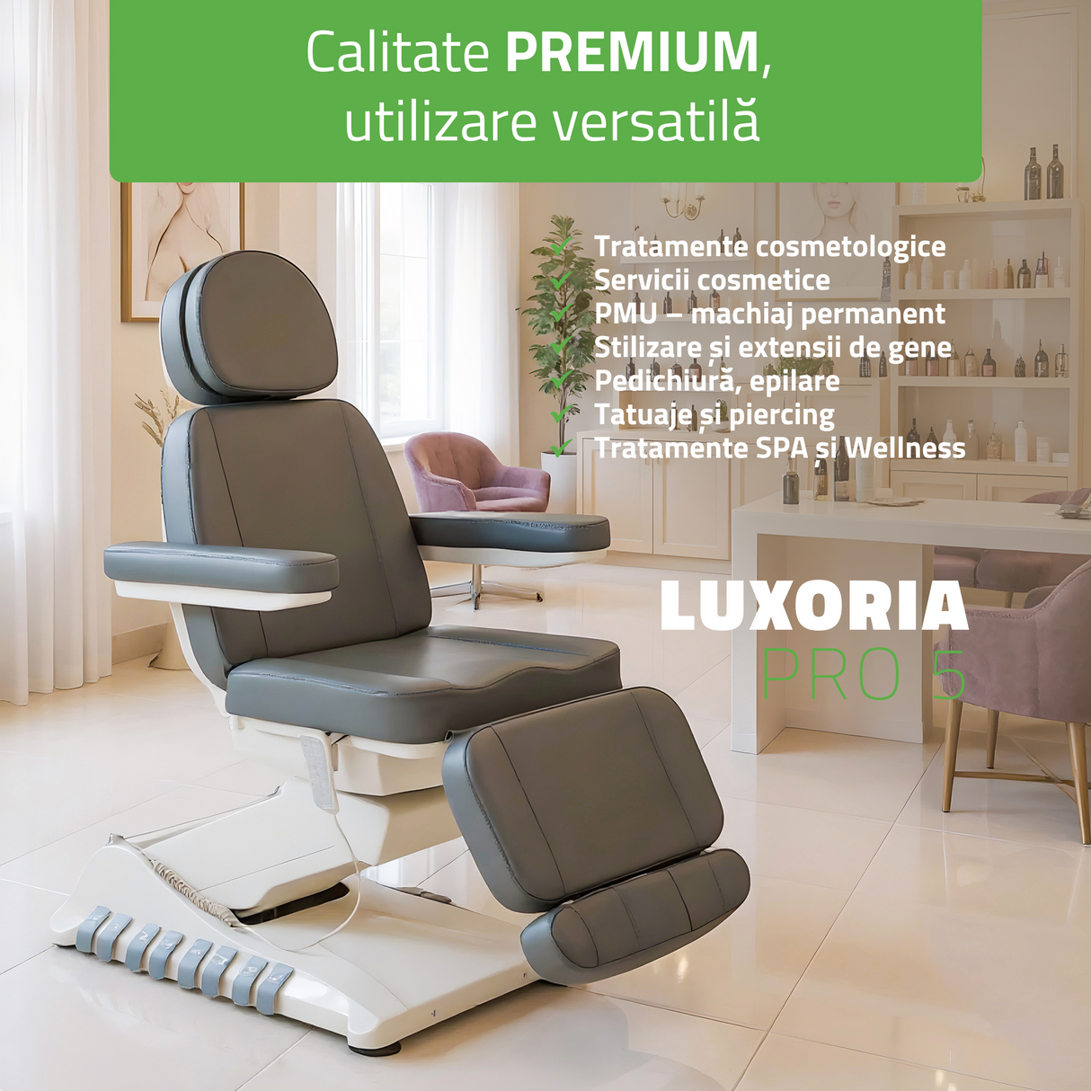 Pat cosmetic electric | Luxoria PRO 5 | Scaun cosmetic cu reglare electrică | Panou Control | Telecomandă Manuală | 3 ani garanție!