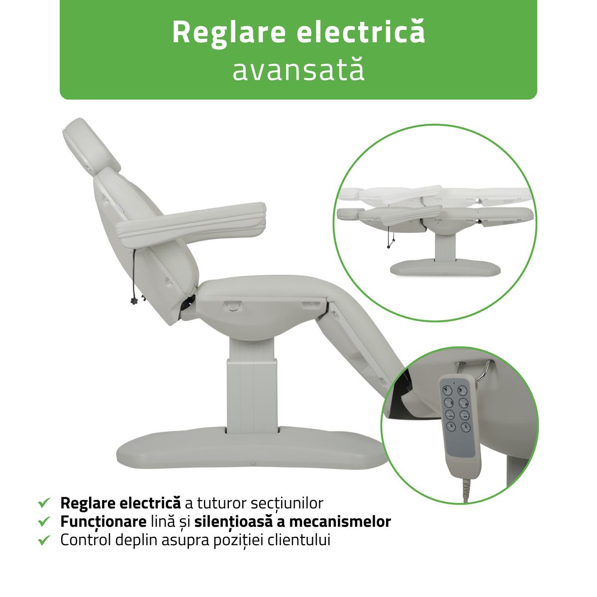 Pat cosmetic electric | Ravia PRO 3 | Fotoliu cosmetic cu reglare electrică | Telecomandă de manuală | 4 motoare electrice