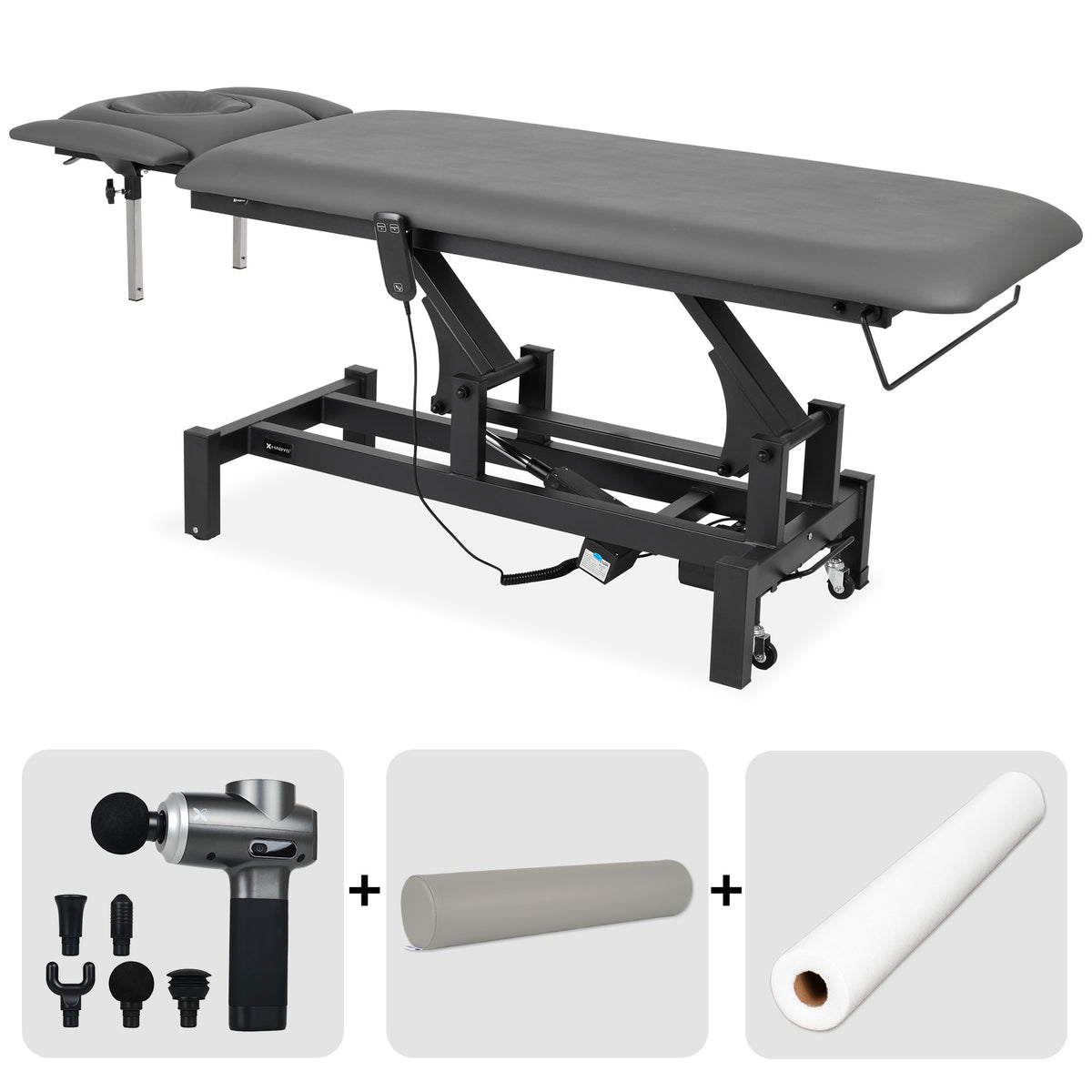 Masă de masaj electrică Fortis 4 Ergo + pistol de masaj Pro Therapy Max + rolă cilindrică plină 15 × 60 cm + cearșaf din material nețesut, la rolă