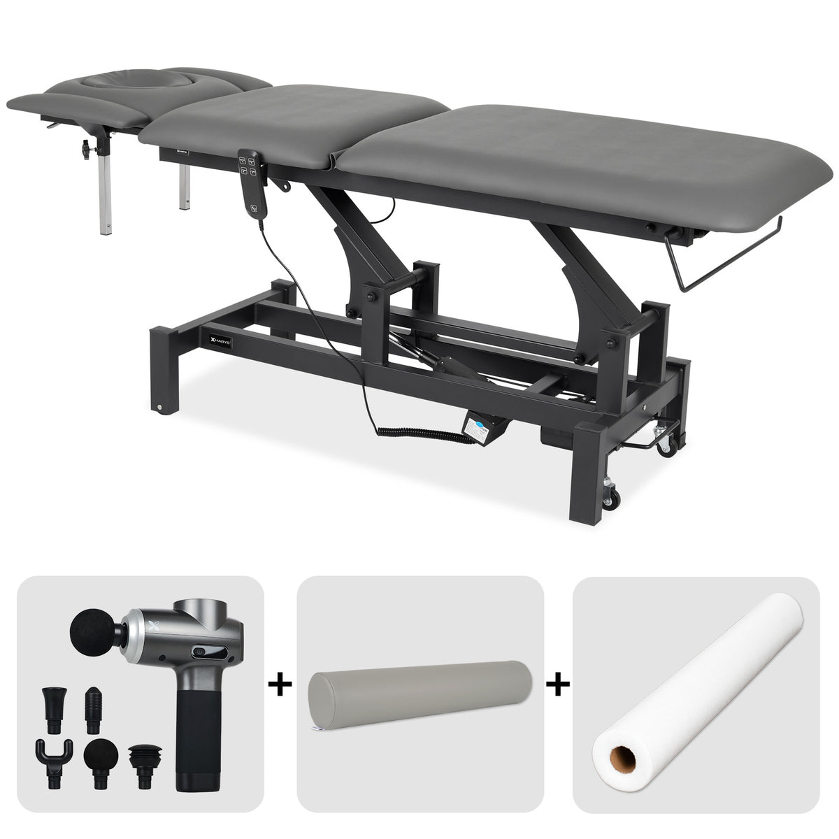 Masă de masaj electrică Fortis 5 Ergo + pistol de masaj Pro Therapy Max + rolă cilindrică plină 15 × 60 cm + cearșaf din material nețesut, la rolă