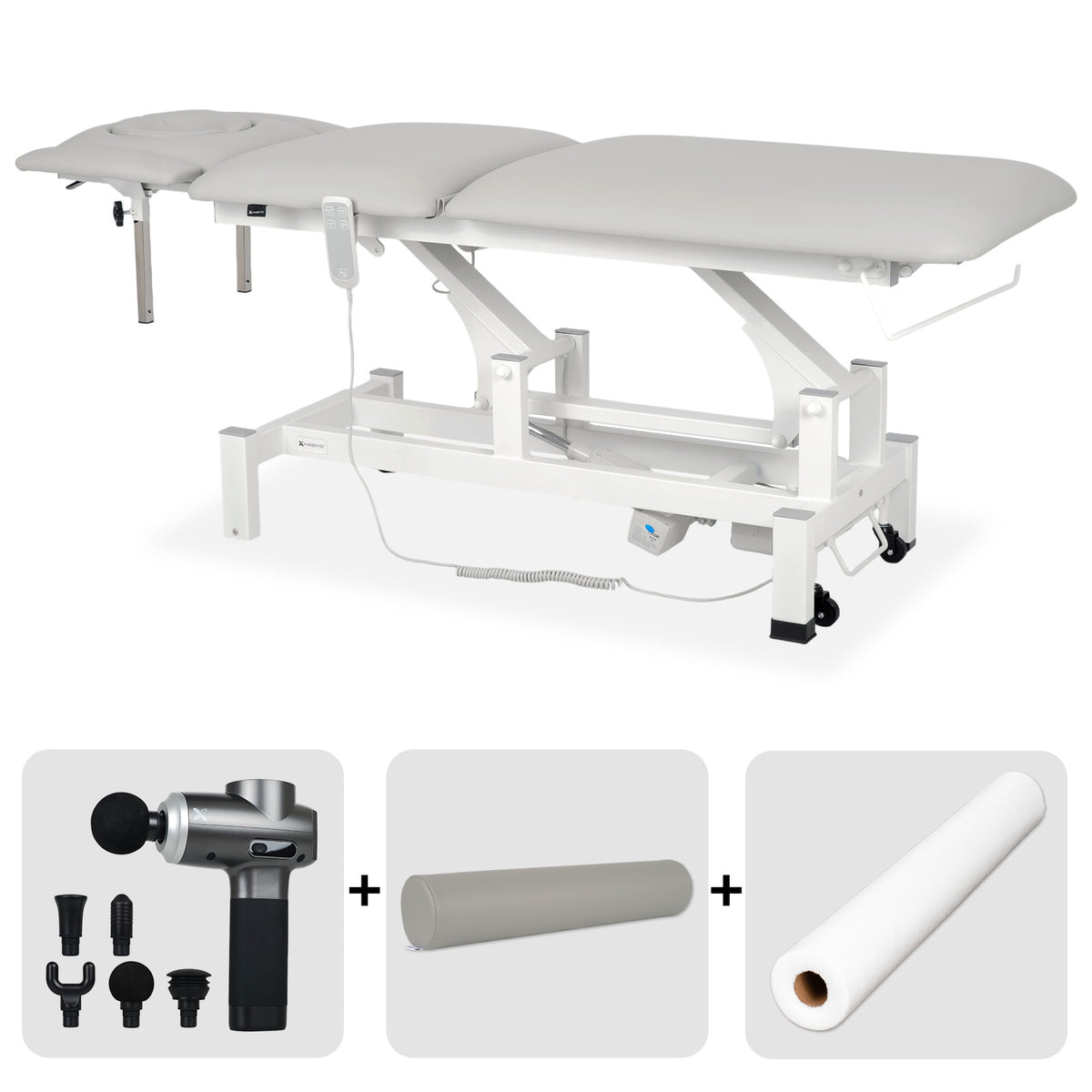 Masă de masaj electrică Fortis 5 Ergo + + pistol de masaj Pro Therapy Max + rolă cilindrică plină 15 × 60 cm + cearșaf din material nețesut, la rolă