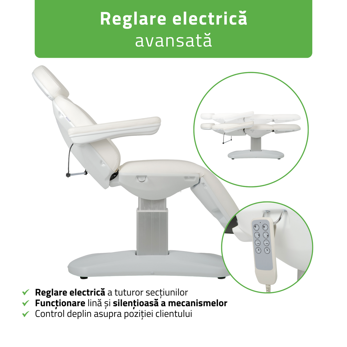 Pat cosmetic electric | Ravia PRO 3 | Fotoliu cosmetic cu reglare electrică | Telecomandă de manuală | 4 motoare electrice