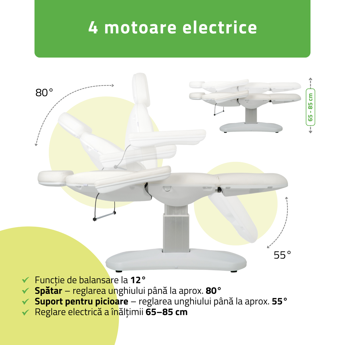 Pat cosmetic electric | Ravia PRO 3 | Fotoliu cosmetic cu reglare electrică | Telecomandă de manuală | 4 motoare electrice