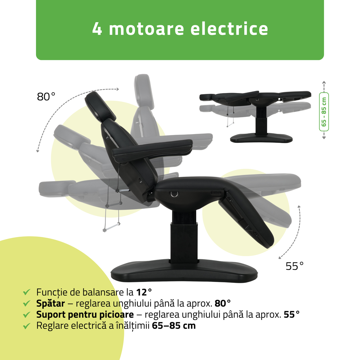Pat cosmetic electric | Ravia PRO 3 | Fotoliu cosmetic cu reglare electrică | Telecomandă de manuală | 4 motoare electrice