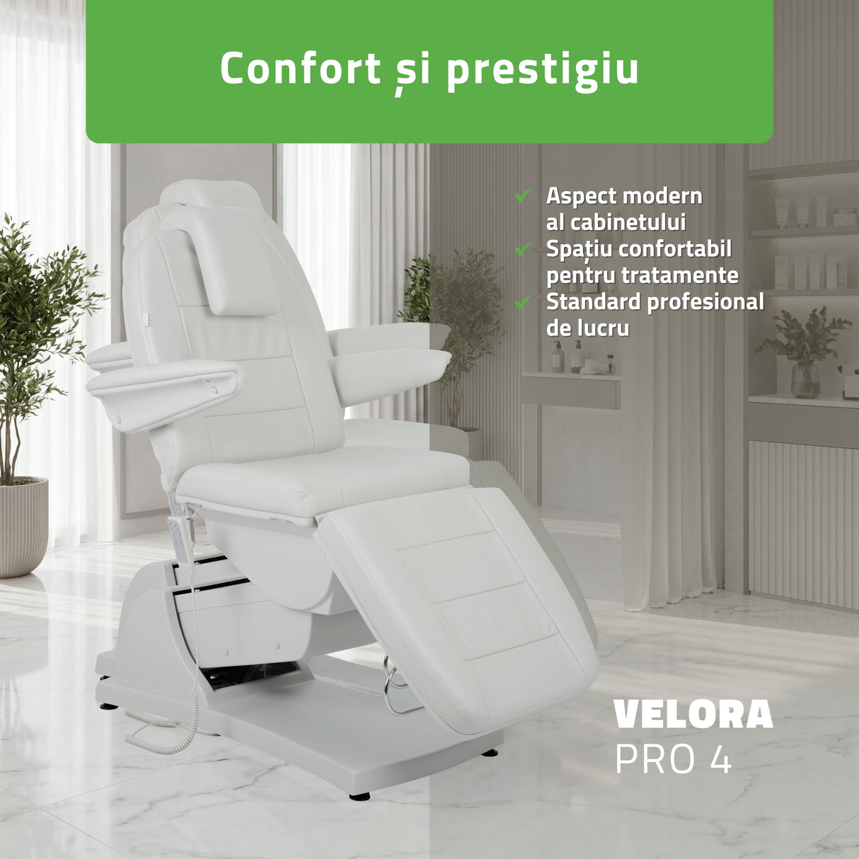 Fotoliu cosmetic electric | Velora PRO 4 | Scaun cosmetic cu reglare electrică | Telecomandă manuală | 4 motoare | 3 ani garanție