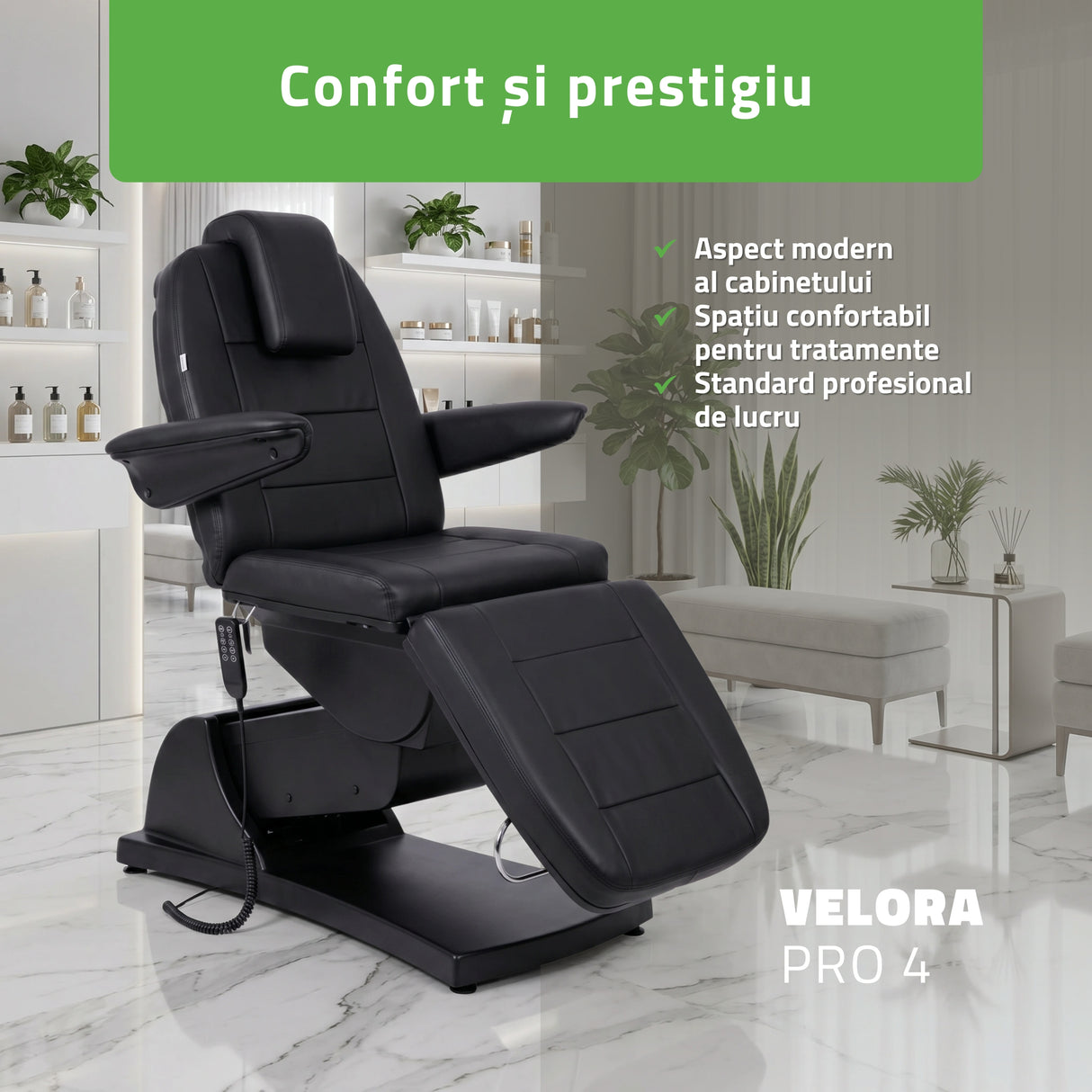 Fotoliu cosmetic electric | Velora PRO 4 | Scaun cosmetic cu reglare electrică | Telecomandă manuală | 4 motoare | 3 ani garanție