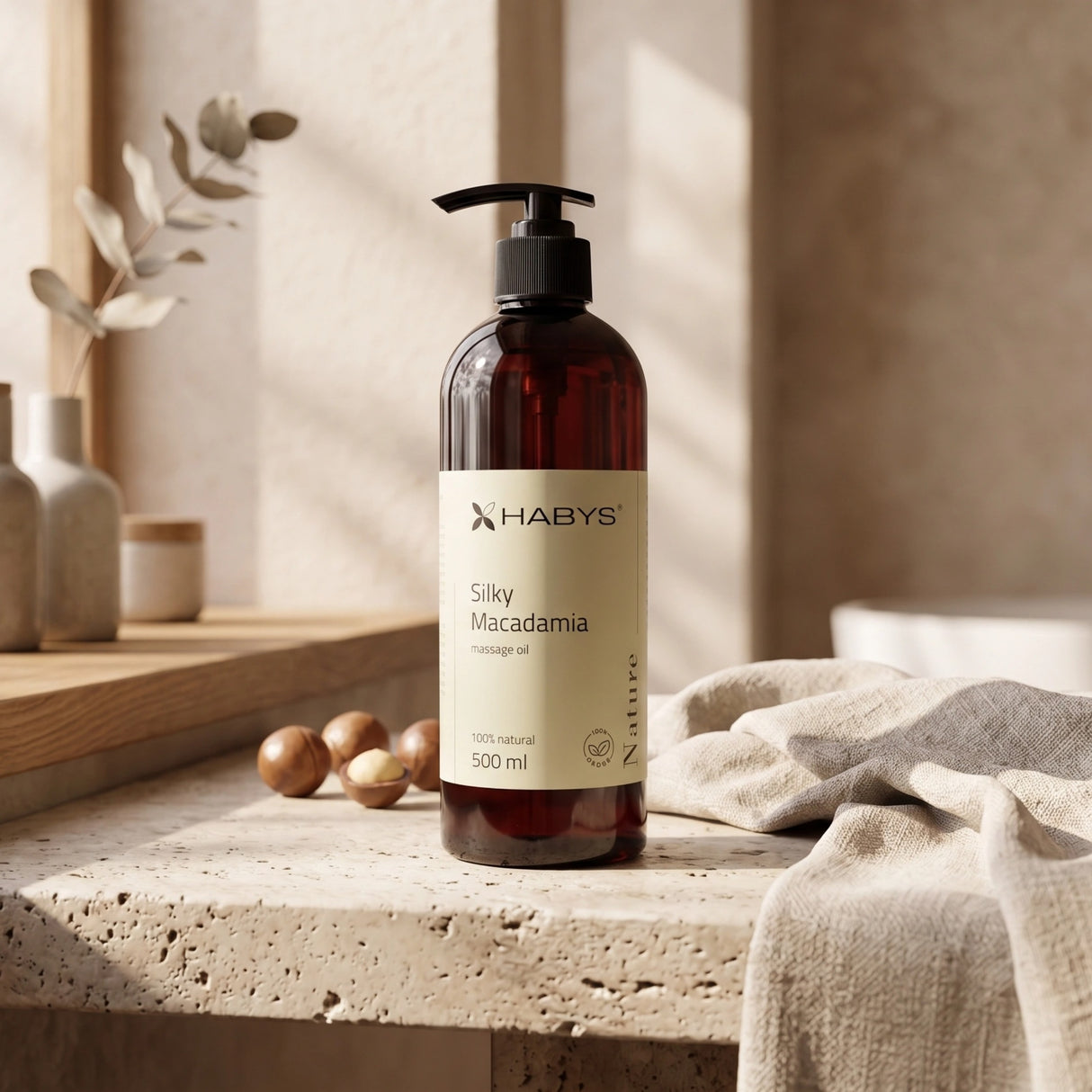 Ulei de masaj Nature Silky Macadamia Habys | 500 ml cu pompiță