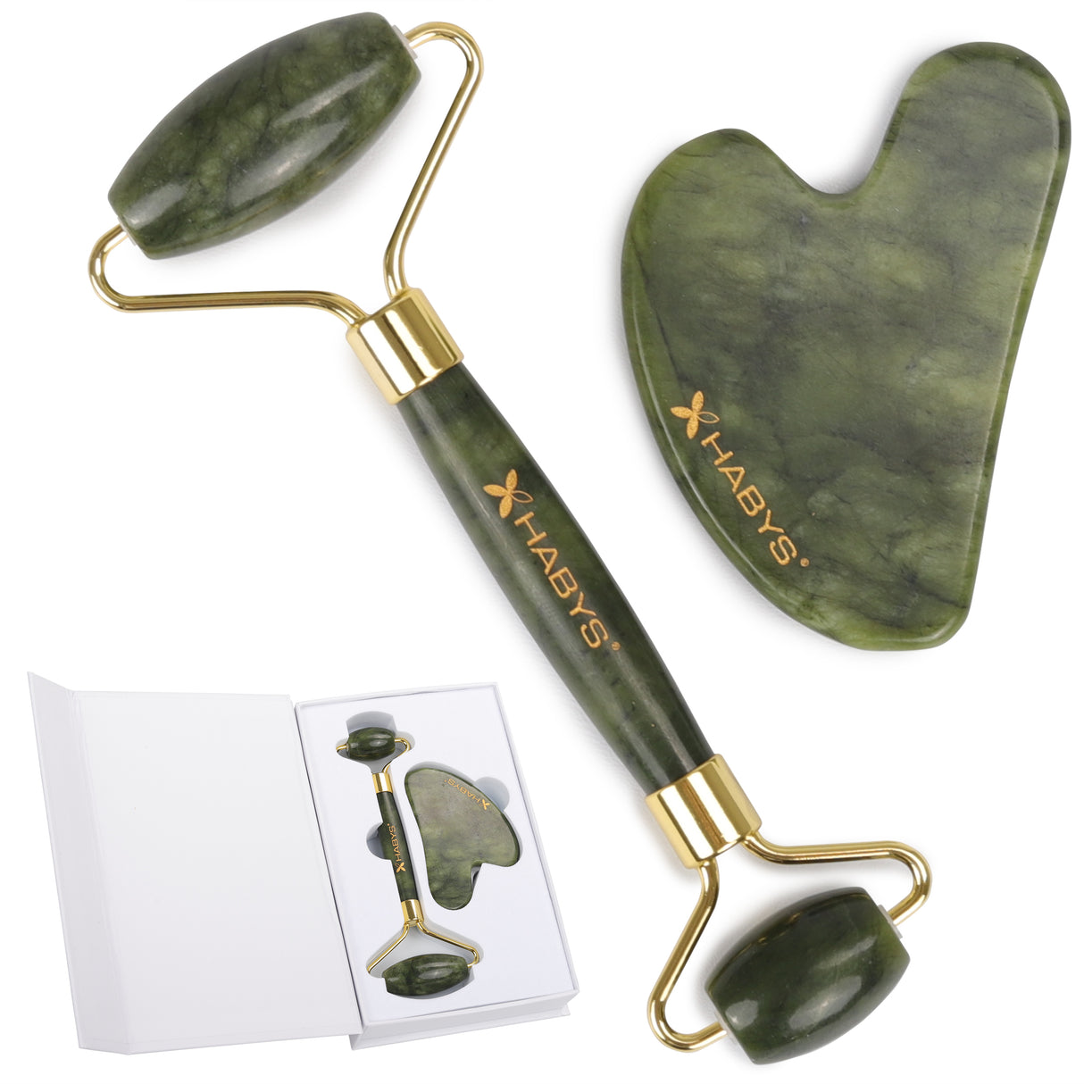 Set pentru masaj facial HABYS | Piatră Gua Sha din Jad + |  Roller din jad + | Ulei natural de migdale 100 ml