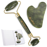 Set pentru masaj facial HABYS | Piatră Gua Sha din Jad + |  Roller din jad + | Ulei natural de migdale 100 ml