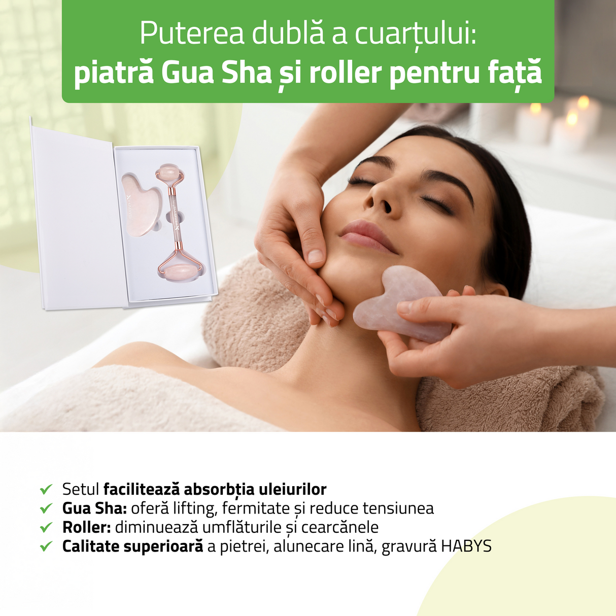 Set pentru masaj facial HABYS | Piatră Gua Sha + |  Roller din cuarț roz + | Ulei natural de migdale 100 ml