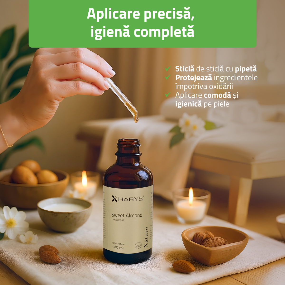 Ulei de masaj Nature Sweet Almond Habys | 100 ml cu pipetă