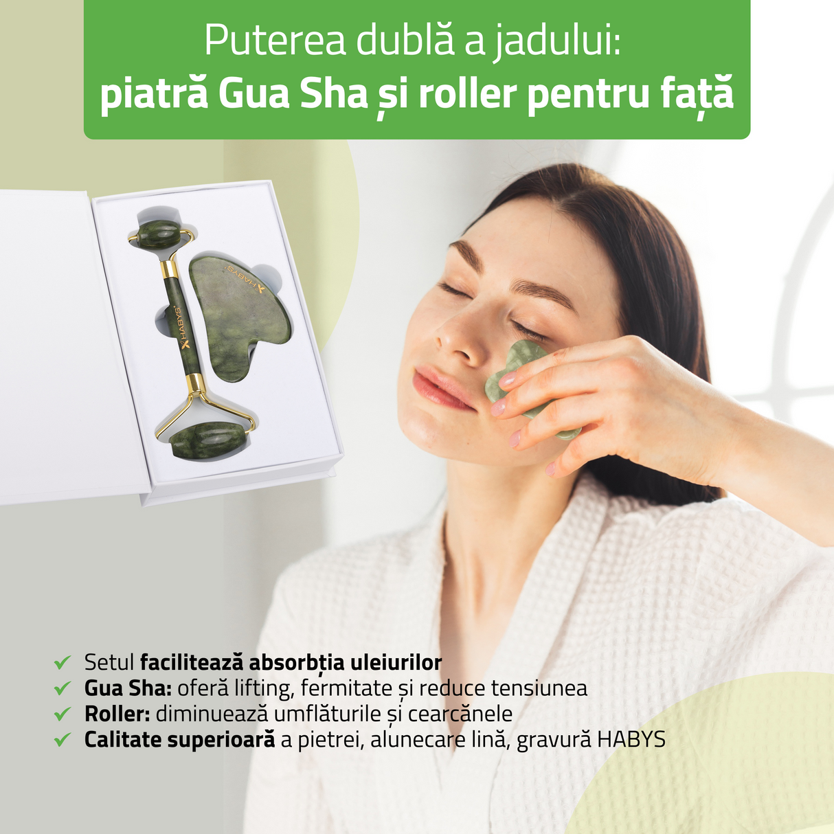 Set pentru masaj facial HABYS | Piatră Gua Sha din Jad + |  Roller din jad + | Ulei natural de migdale 100 ml