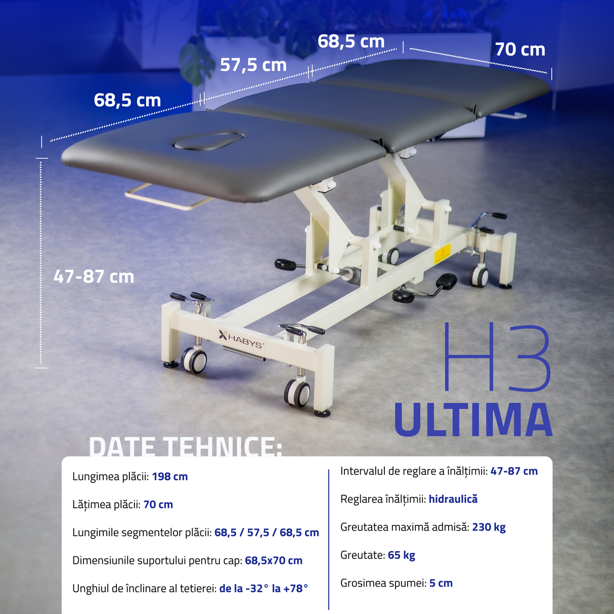 Pat de masaj electrică | Masă de masaj hidraulică ULTIMA H3 | Reglare hidraulică a înălțimii