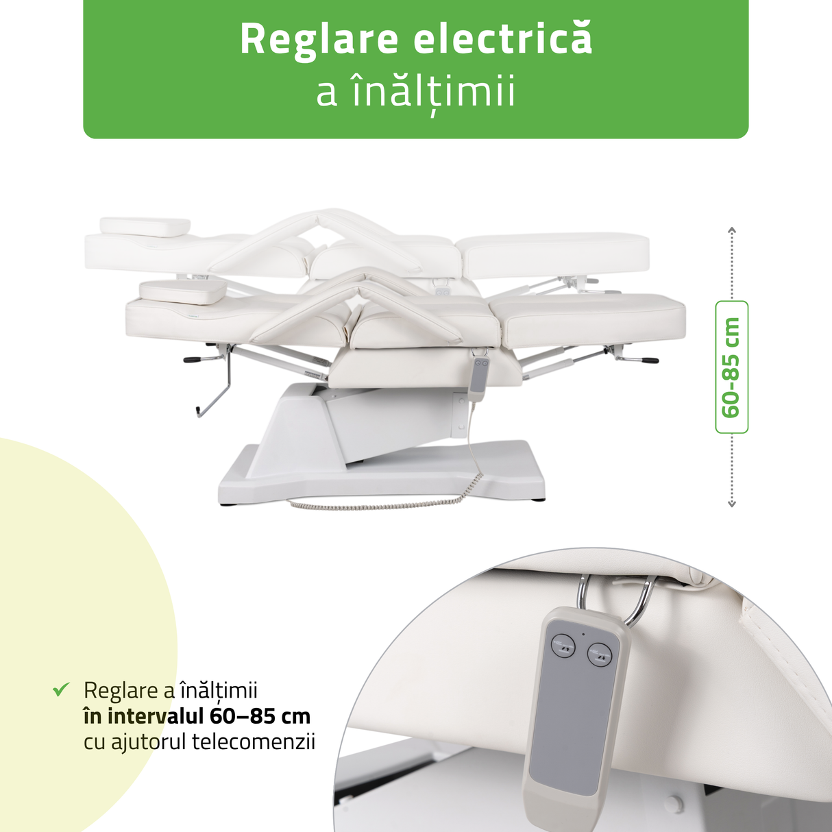 Fotoliu cosmetic electric | LARIS | Scaun cosmetic cu reglare a înălțimi electrică | 1 motor | Telecomandă Manuală | 3 ani garanție!