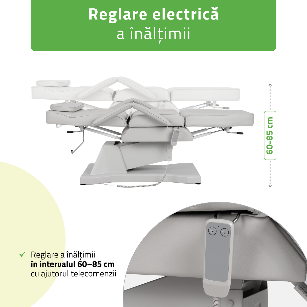 Fotoliu cosmetic electric | LARIS | Scaun cosmetic cu reglare a înălțimi electrică | 1 motor | Telecomandă Manuală | 3 ani garanție!