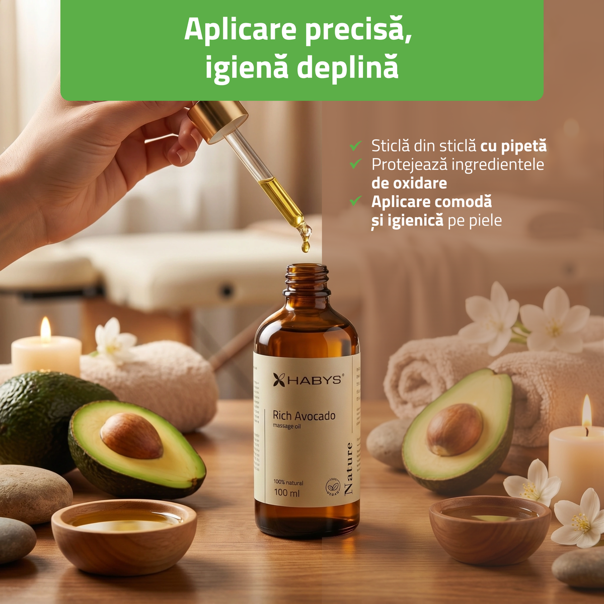 Ulei de masaj Nature Avocado Habys | 100 ml cu pipetă