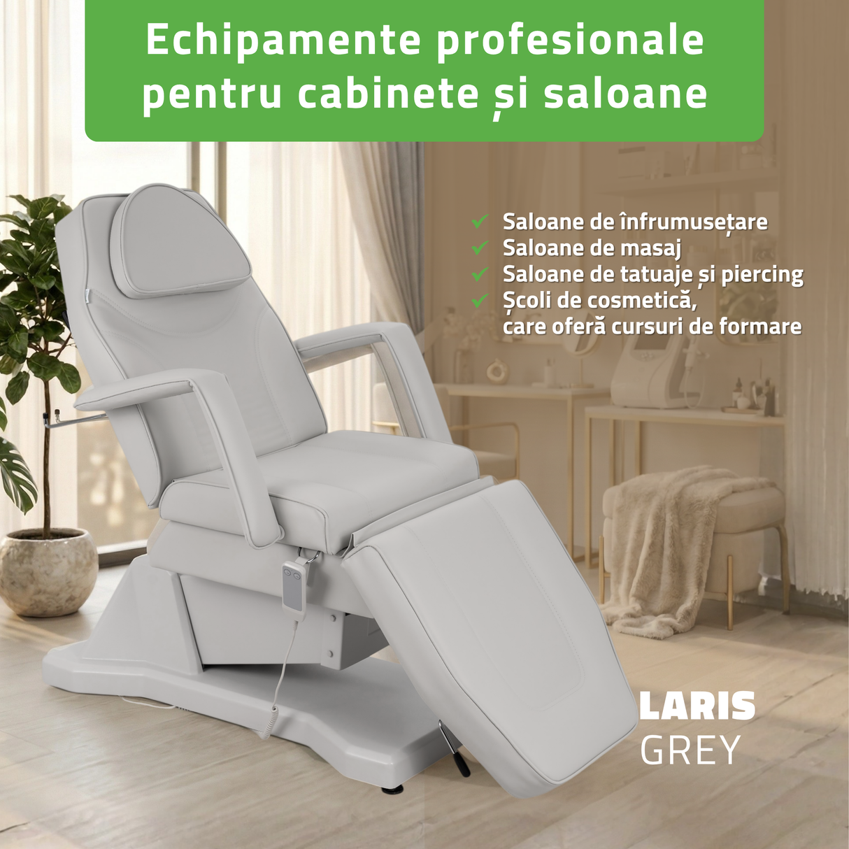 Fotoliu cosmetic electric | LARIS | Scaun cosmetic cu reglare a înălțimi electrică | 1 motor | Telecomandă Manuală | 3 ani garanție!