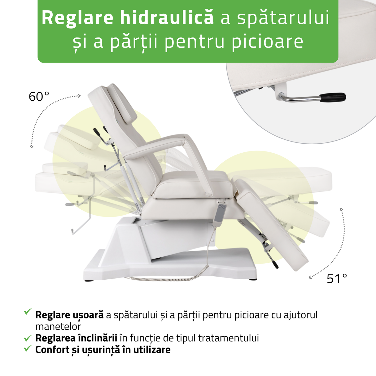 Fotoliu cosmetic electric | LARIS | Scaun cosmetic cu reglare a înălțimi electrică | 1 motor | Telecomandă Manuală | 3 ani garanție!
