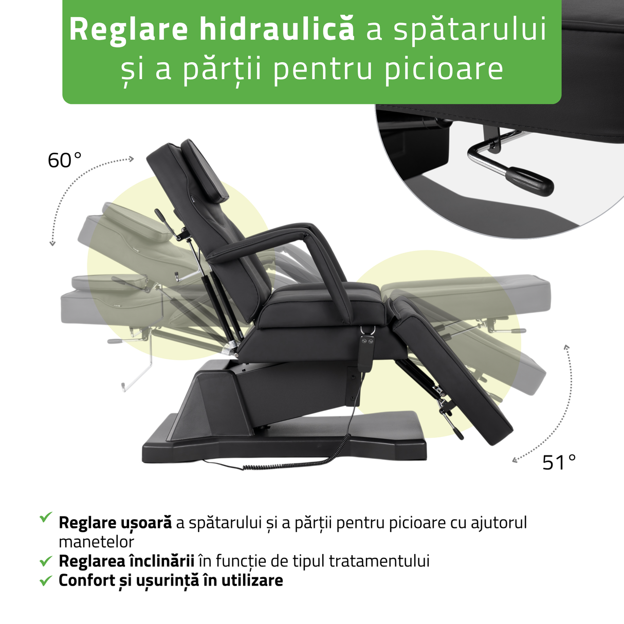 Fotoliu cosmetic electric | LARIS | Scaun cosmetic cu reglare a înălțimi electrică | 1 motor | Telecomandă Manuală | 3 ani garanție!