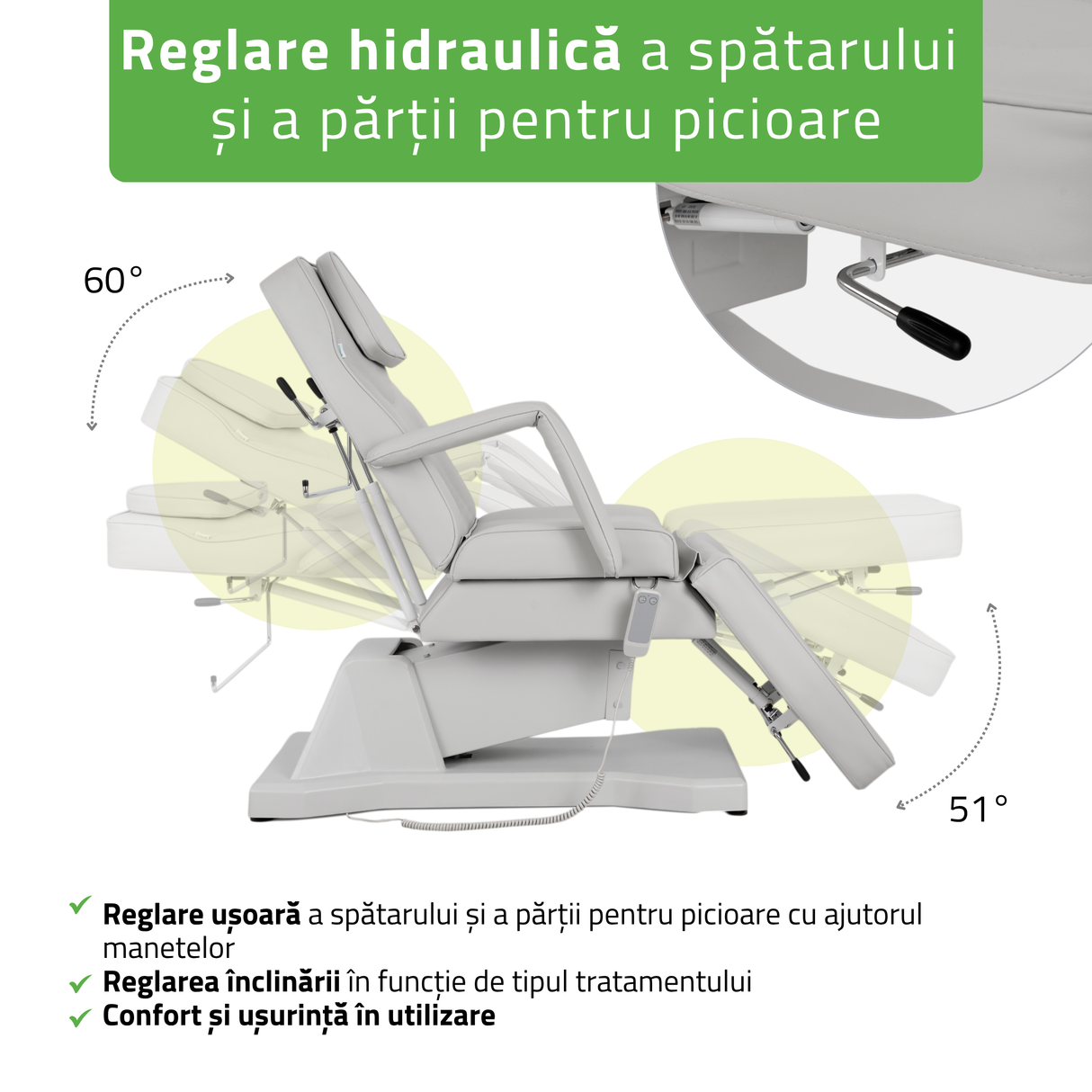 Fotoliu cosmetic electric | LARIS | Scaun cosmetic cu reglare a înălțimi electrică | 1 motor | Telecomandă Manuală | 3 ani garanție!