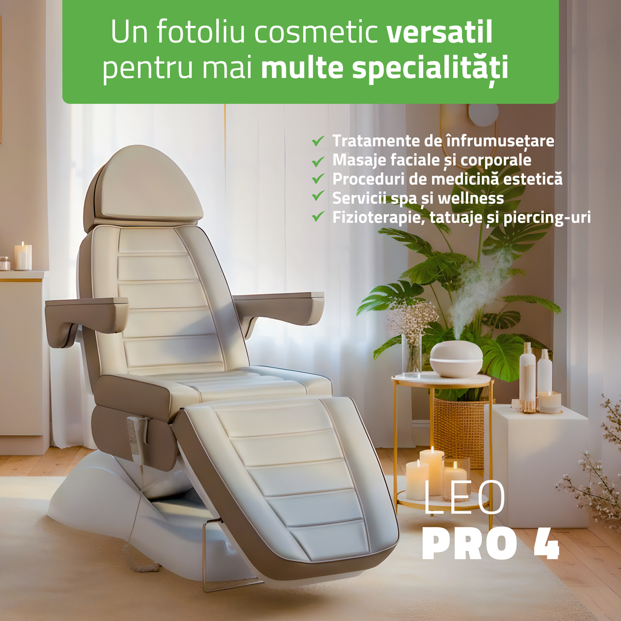 Fotoliu cosmetic electric | LEO PRO 4| Scaun cosmetic cu reglare electrică | Telecomandă Manuală